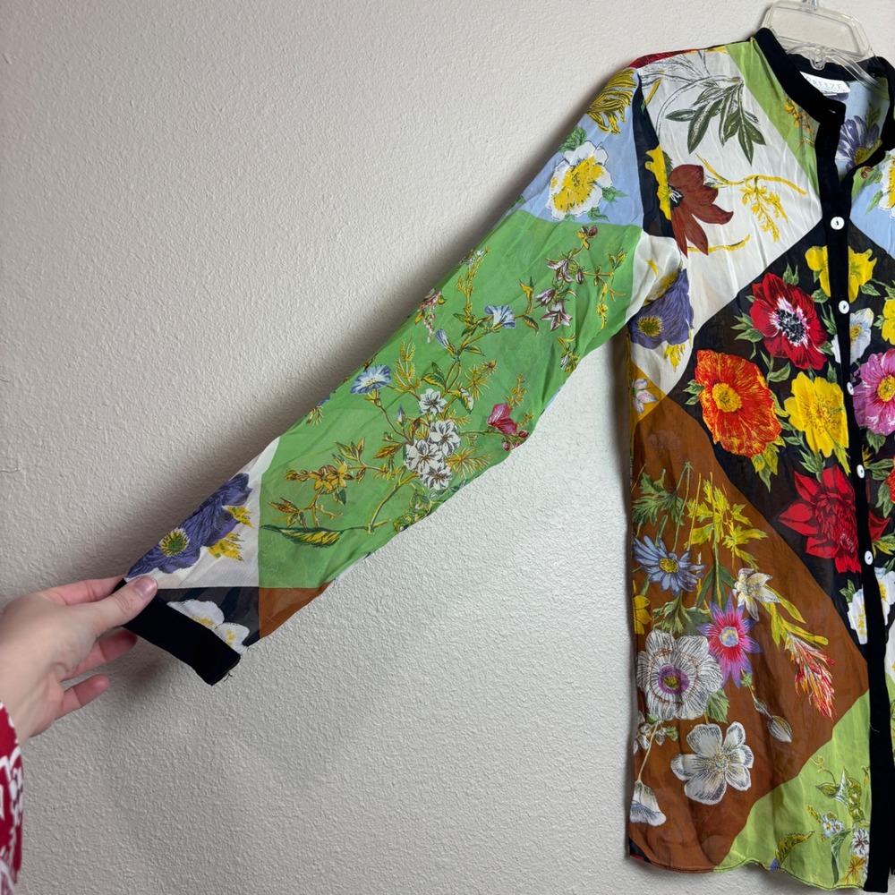 Vintage 90s Patchwork Floral Blouse Sheer Button Top Womens Small S Cottage Boho - Picture 4 of 16